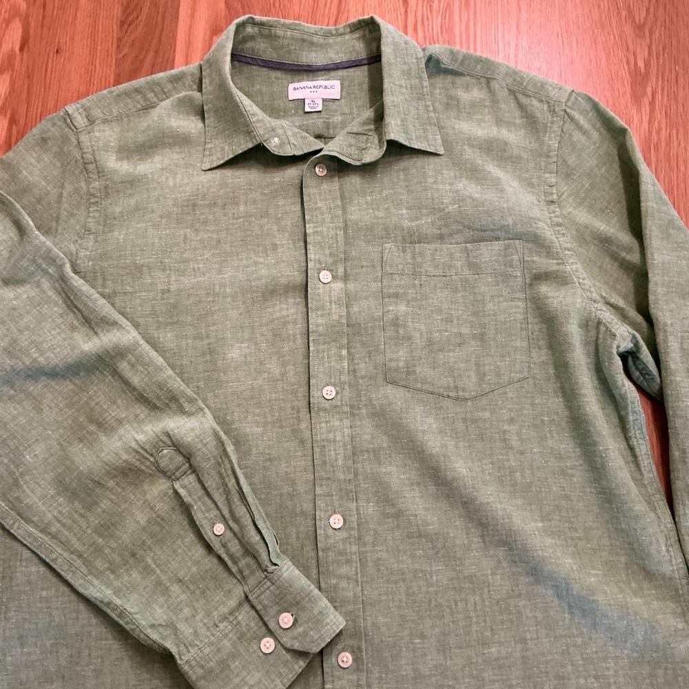 Banana Republic Mens XL Linen Cotton Shirt Green Long Sleeve Button Up 17-17.5